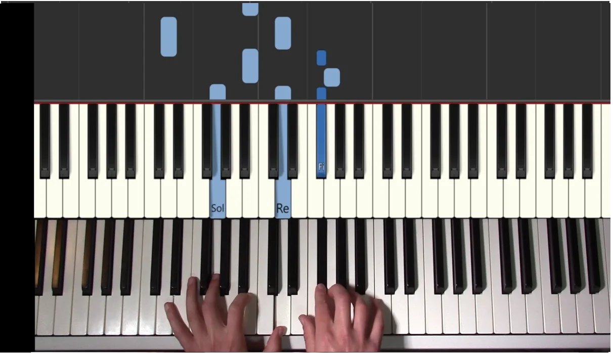 Demo d'une leçon au piano avec image des mains et notes