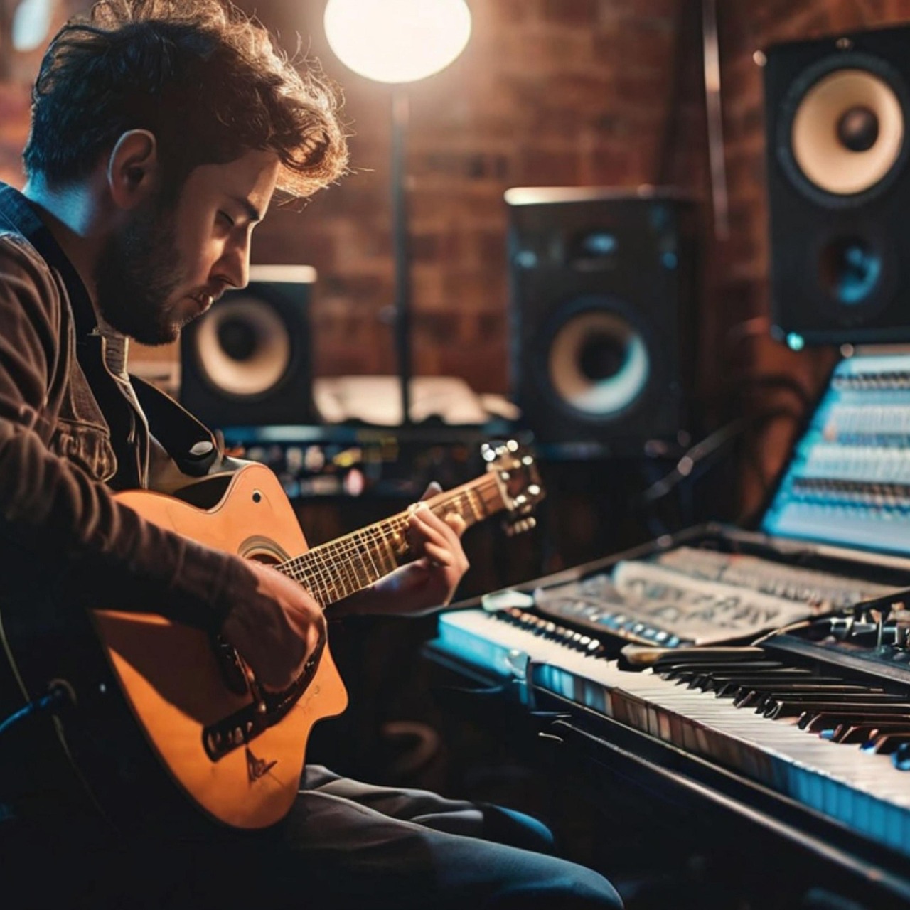 man, guitar, guitarist, music, creator, studio
